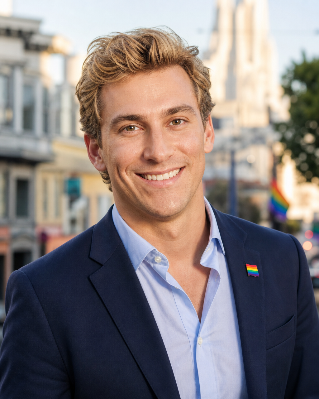 Portrait of Benjamin Bavly smiling on a San Francisco street